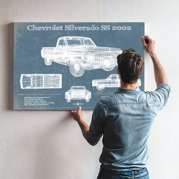 2002 Chevrolet Silverado SS Blueprint Truck Print framed in Vintage Black above a mid-century record console
