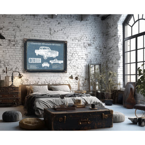 2002 Chevrolet Silverado SS Blueprint Truck Print framed in Vintage Black in a farmhouse entryway