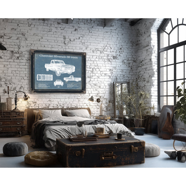 2002 Chevrolet Silverado SS Blueprint Truck Print framed in Vintage Black in a farmhouse entryway