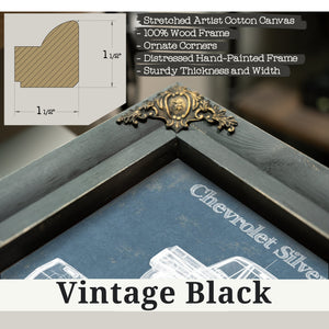 Vintage Black frame corner detail, 1.5 inch ornate wood moulding, 2002 Chevrolet Silverado SS Blueprint Truck Print