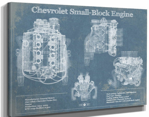 14" x 11" / Stretched Canvas Wrap Cutler West Chevrolet Small-Block Engine Vintage Blueprint Auto Engine Patent Print