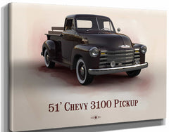 14" x 11" / Stretched Canvas Wrap Cutler West Chevy 3100 Pickup 1951 - Blueprint Vintage Auto Print