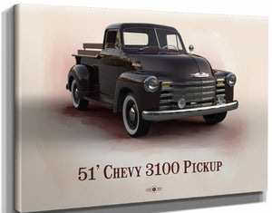 14" x 11" / Stretched Canvas Wrap Cutler West Chevy 3100 Pickup 1951 - Blueprint Vintage Auto Print