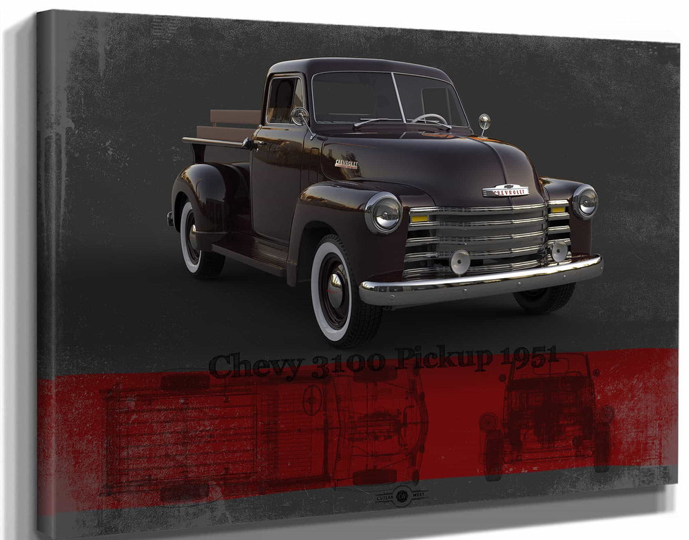14" x 11" / Stretched Canvas Wrap Cutler West Chevy 3100 Pickup 1951 Blueprint Vintage Auto Print