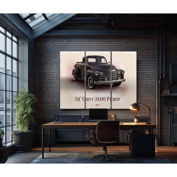 1951 Chevy 3100 Blueprint Truck Print as a 3 panel canvas wrap in an industrial loft office