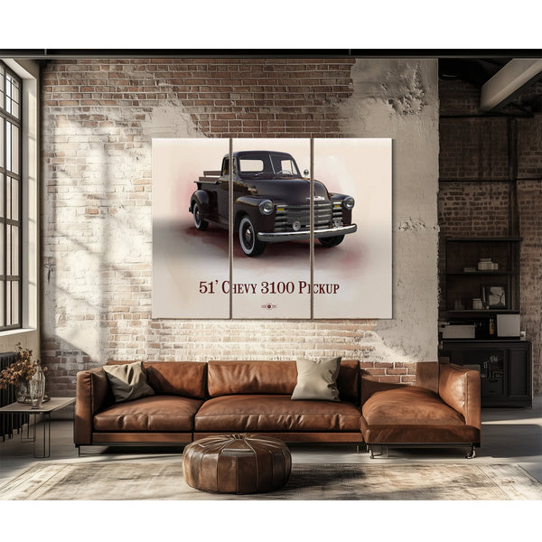 1951 Chevy 3100 Blueprint Truck Print as a 3 panel canvas wrap above a leather sofa