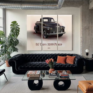 1951 Chevy 3100 Blueprint Truck Print as a 3 panel canvas wrap in a modern living room