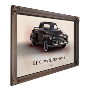 1951 Chevy 3100 Blueprint Truck Print in a Bourbon stained wood frame with antique gold corners