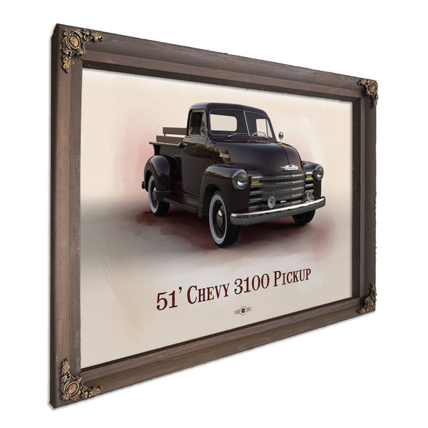 1951 Chevy 3100 Blueprint Truck Print in a Bourbon stained wood frame with antique gold corners