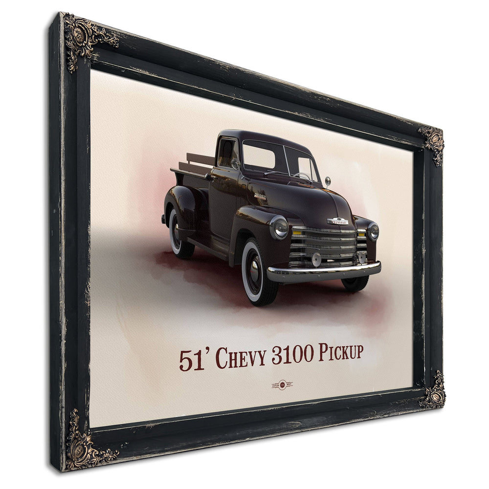 1951 Chevy 3100 Blueprint Truck Print in a distressed Vintage Black wood frame with ornate corners