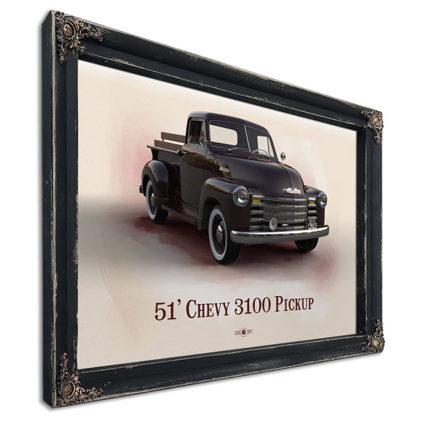 1951 Chevy 3100 Blueprint Truck Print in a distressed Vintage Black wood frame with ornate corners