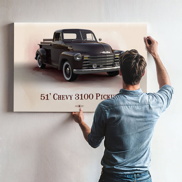 1951 Chevy 3100 Blueprint Truck Print framed in Vintage Black above a mid-century record console