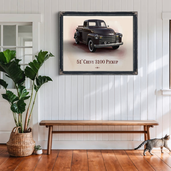 1951 Chevy 3100 Blueprint Truck Print framed in Vintage Black above a rustic console table