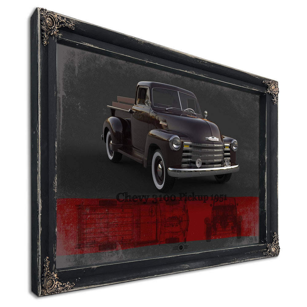 1951 Chevy 3100 Blueprint Truck Print in a distressed Vintage Black wood frame with ornate corners