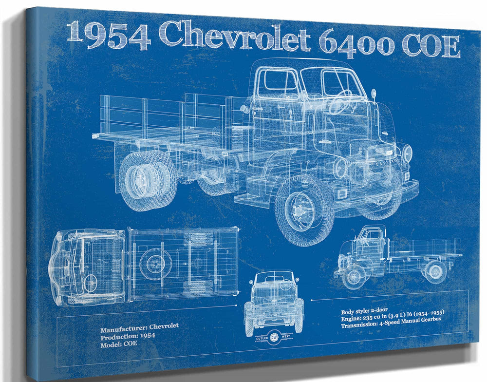 14" x 11" / Stretched Canvas Wrap Cutler West Chevy 6400 COE  1954 Flat Bed Truck Vintage Blueprint Art