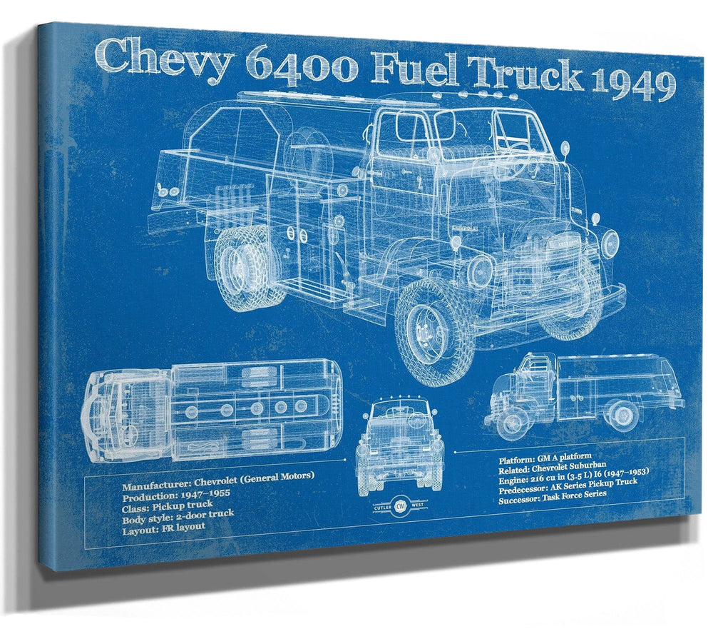 14" x 11" / Stretched Canvas Wrap Cutler West Chevy 6400 Fuel Truck 1949 Vintage Blueprint Auto Print