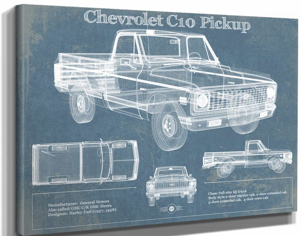 14" x 11" / Stretched Canvas Wrap Cutler West Chevy C10 Pickup 2nd Generation Vintage Blueprint Auto Print