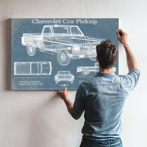 Chevy C10 Pickup 2nd Generation Print framed in Vintage Black above a mid-century record console