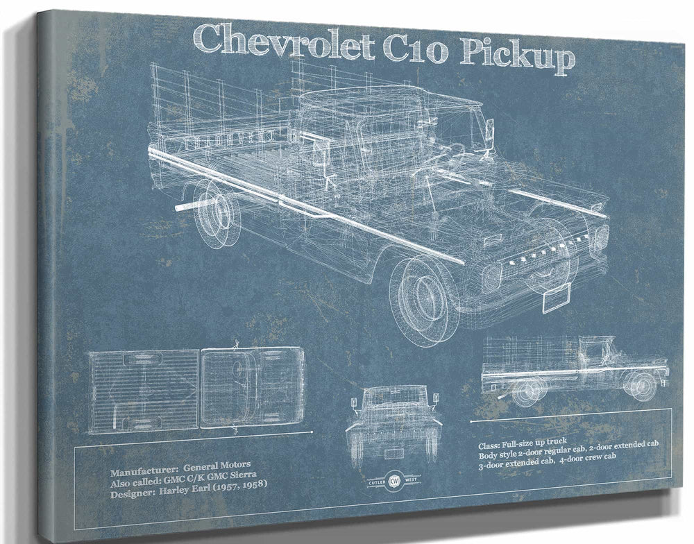 14" x 11" / Stretched Canvas Wrap Cutler West Chevy C10 Pickup Vintage Blueprint Auto Print