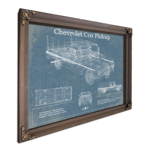 Chevy C10 Blueprint Truck Print in a Bourbon stained wood frame with antique gold corners