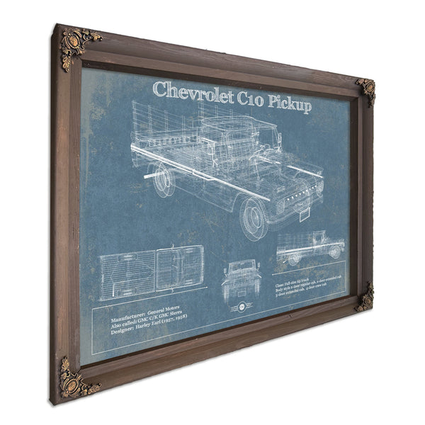 Chevy C10 Blueprint Truck Print in a Bourbon stained wood frame with antique gold corners