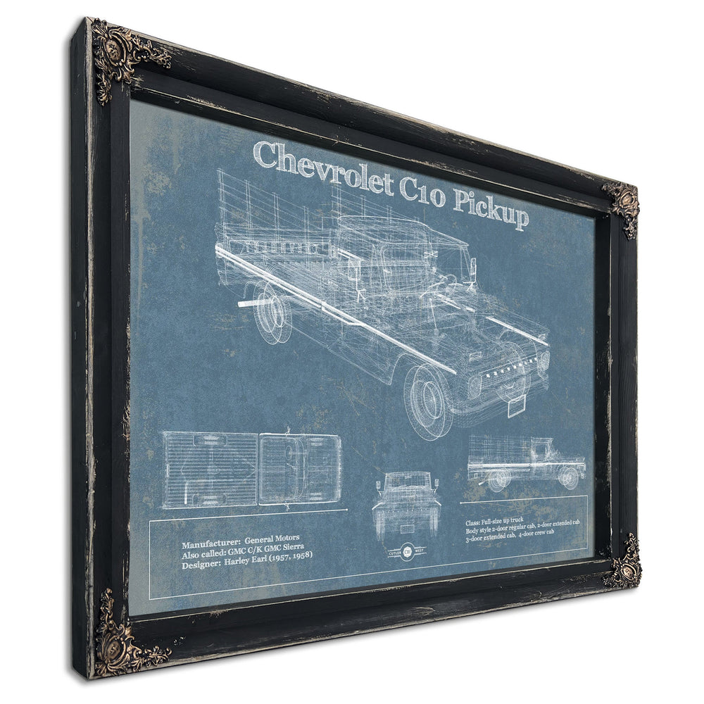 Chevy C10 Blueprint Truck Print in a distressed Vintage Black wood frame with ornate corners