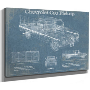 Chevy C10 Blueprint Truck Print as a stretched canvas wrap with gallery wrapped edges