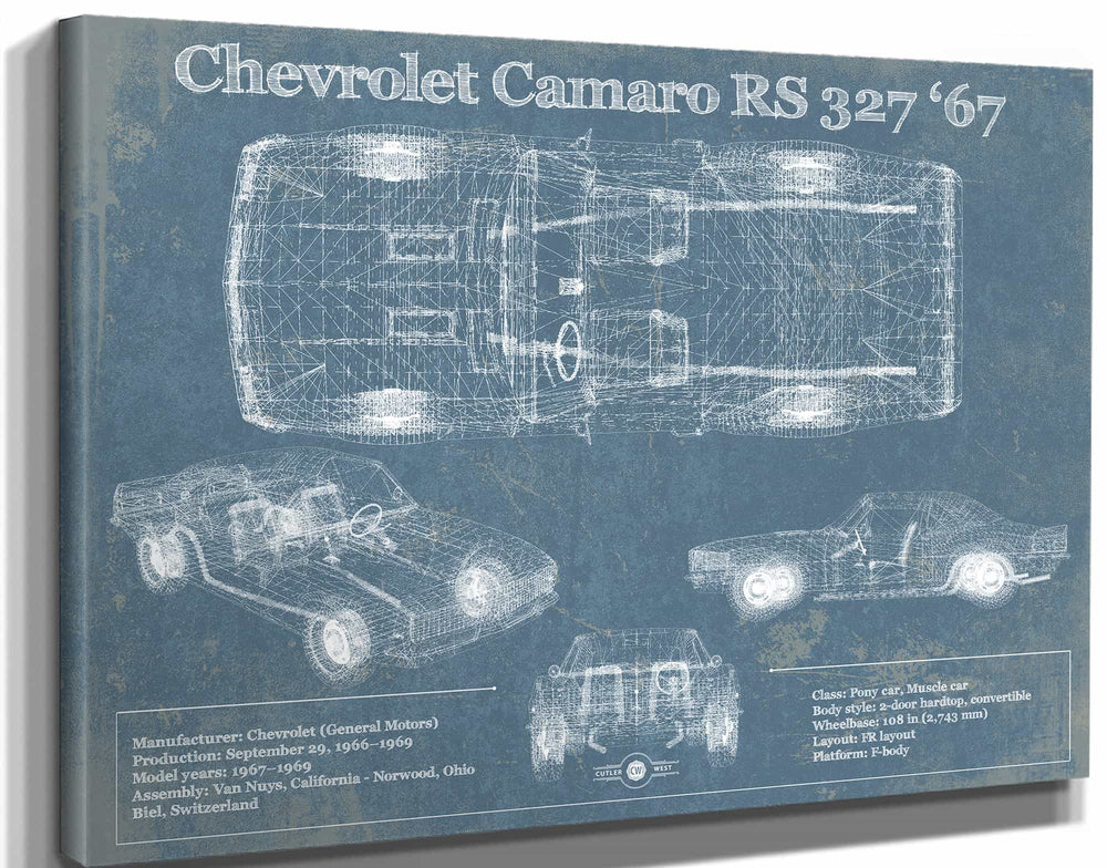 14" x 11" / Stretched Canvas Wrap Cutler West Chevy Camaro 327 RS 1967 Vintage Blueprint Auto Print