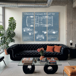 1967 Chevy Camaro 327 RS Blueprint Art Print as a 3 panel canvas wrap in a modern living room