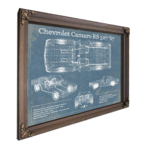 1967 Chevy Camaro 327 RS Blueprint Art Print in a Bourbon stained wood frame with antique gold corners