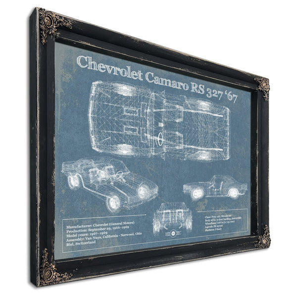 1967 Chevy Camaro 327 RS Blueprint Art Print in a distressed Vintage Black wood frame with ornate corners
