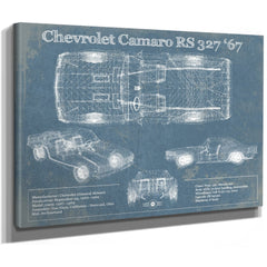 1967 Chevy Camaro 327 RS Blueprint Art Print as a stretched canvas wrap with gallery wrapped edges