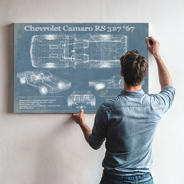 1967 Chevy Camaro 327 RS Blueprint Art Print framed in Vintage Black above a mid-century record console