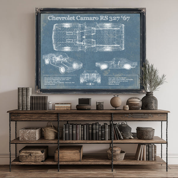 1967 Chevy Camaro 327 RS Blueprint Art Print canvas print size guide 24x18 36x24 48x36 inches