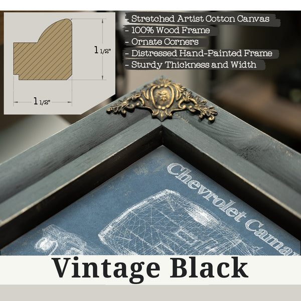 Vintage Black frame corner detail, 1.5 inch ornate wood moulding, 1967 Chevy Camaro 327 RS Blueprint Art Print