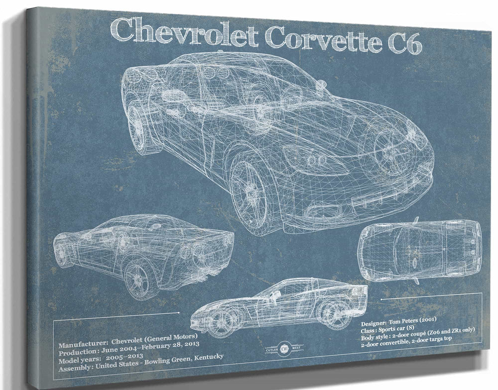 14" x 11" / Stretched Canvas Wrap Cutler West Chevy Corvette C6 Vintage Blueprint Auto Print