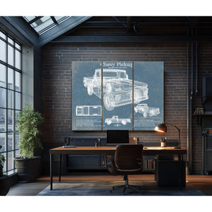 1960 Chevy Pickup, First Generation -1966 Print as a 3 panel canvas wrap in an industrial loft office