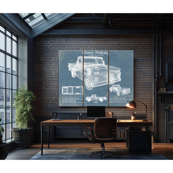 1960 Chevy Pickup, First Generation -1966 Print as a 3 panel canvas wrap in an industrial loft office