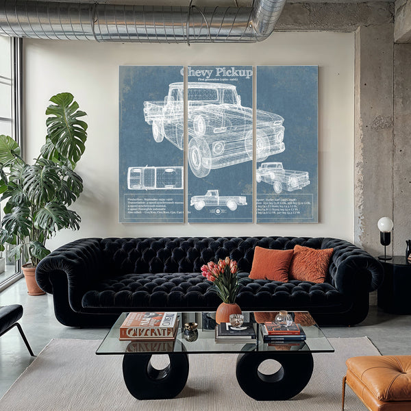1960 Chevy Pickup, First Generation -1966 Print as a 3 panel canvas wrap in a modern living room