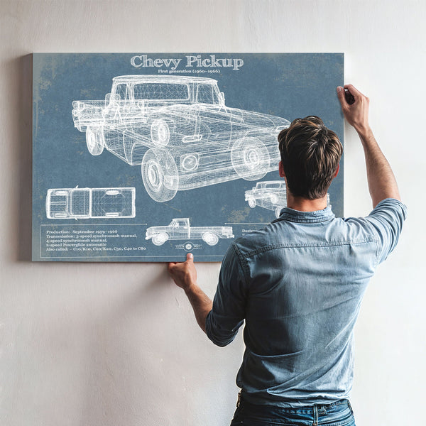 1960 Chevy Pickup, First Generation -1966 Print framed in Vintage Black above a mid-century record console