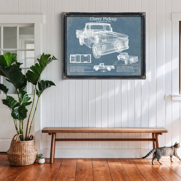 1960 Chevy Pickup, First Generation -1966 Print framed in Vintage Black above a rustic console table