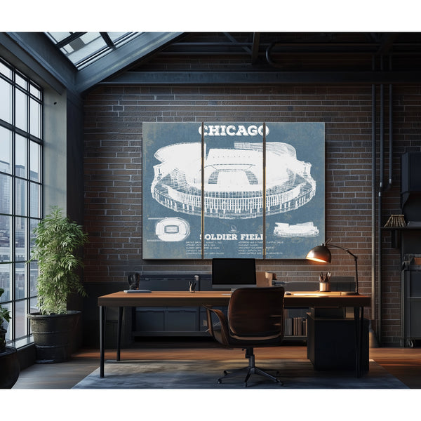 Chicago Bears Stadium Seating Chart Soldier Field Print as a 3 panel canvas wrap in an industrial loft office