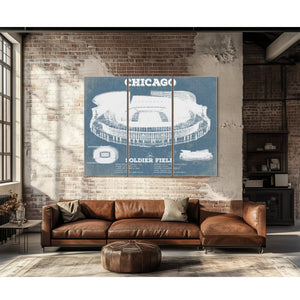 Chicago Bears Stadium Seating Chart Soldier Field Print as a 3 panel canvas wrap above a leather sofa