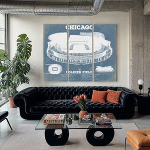 Chicago Bears Stadium Seating Chart Soldier Field Print as a 3 panel canvas wrap in a modern living room