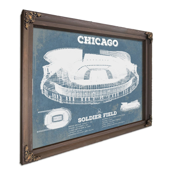 Chicago Bears Stadium Seating Chart Soldier Field Print in a Bourbon stained wood frame with antique gold corners