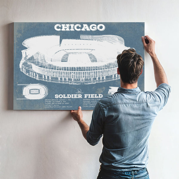 Chicago Bears Stadium Seating Chart Soldier Field Print framed in Vintage Black above a mid-century record console
