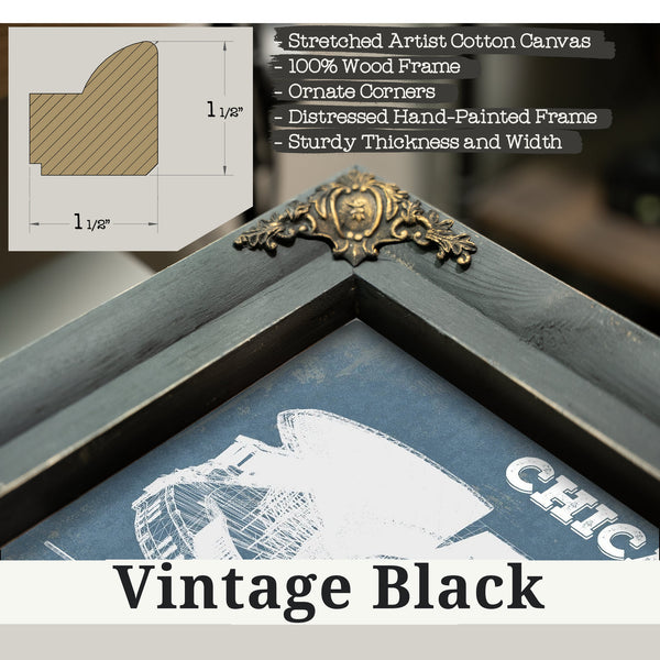 Vintage Black frame corner detail, 1.5 inch ornate wood moulding, Chicago Bears Stadium Seating Chart Soldier Field Print