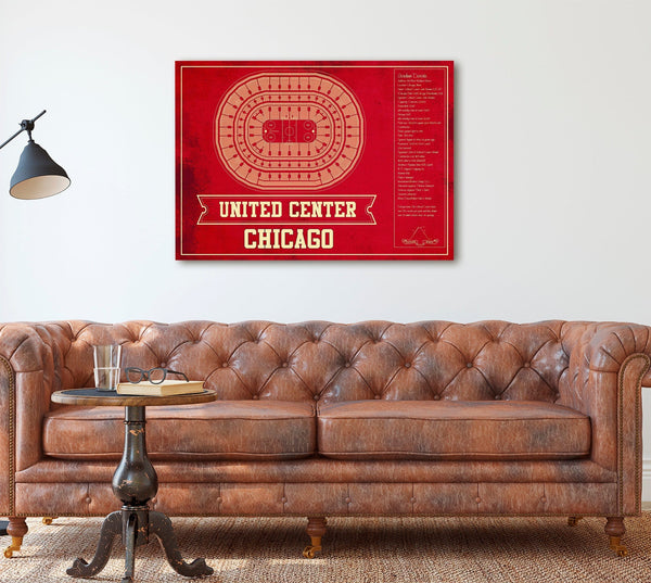 Cutler West Chicago Blackhawks Team Colors - United Center Vintage Hockey Blueprint NHL Print