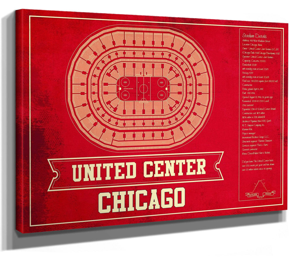 14" x 11" / Stretched Canvas Wrap Cutler West Chicago Blackhawks Team Colors - United Center Vintage Hockey Blueprint NHL Print