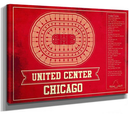 14" x 11" / Stretched Canvas Wrap Cutler West Chicago Blackhawks Team Colors - United Center Vintage Hockey Blueprint NHL Print